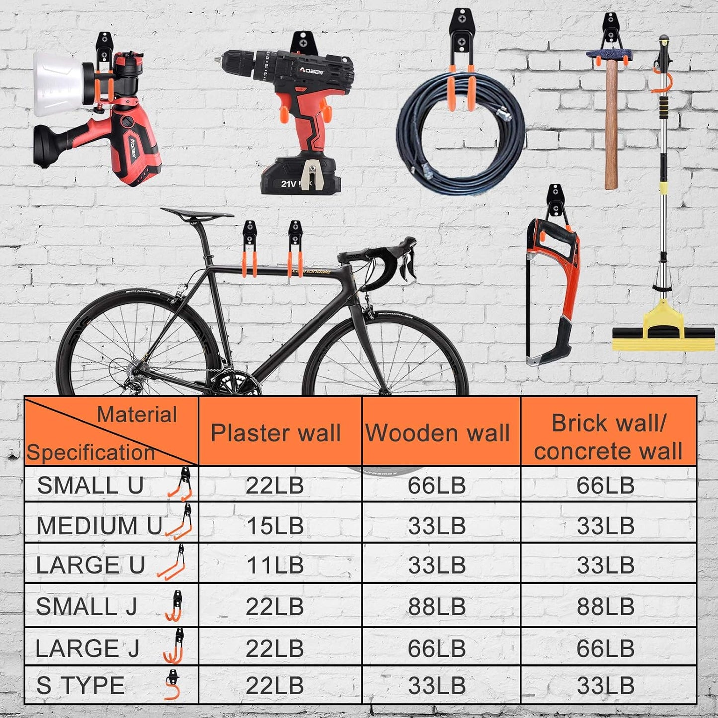 AOBEN Garage Hooks Heavy Duty, Steel Garage Storage Hooks, Utility Tool Hangers and Combinable Wall Mount for Organizing Ladders, Bikes, Hoses, and More Equipment (Small J, 4 Pack)