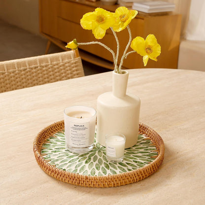 Round Rattan Tray with Mother of Pearl Inlay & Wooden Base - Decorative Wicker Serving Tray for Coffee/Bread/Fruits, Food Storage & Display - Multipurpose Home Decor (M,Green Leaves)