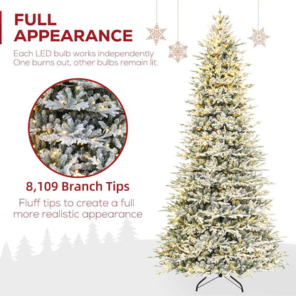 Hykolity 12 ft Prelit Snow Flocked Artificial Christmas Tree, 8109 PE&PVC Branch Tips, 850 Warm White LED Lights, Easy Assembly with Metal Stand and Hinged Branches