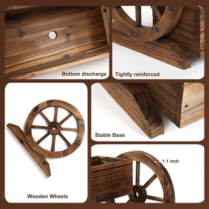 Wooden Wagon Planter Box, Garden Planter with Wheels,Decorative Planter for Flowers Herbs Vegetables for Indoor & Outdoor Décor, Flower Cart for Patio Garden Balcony
