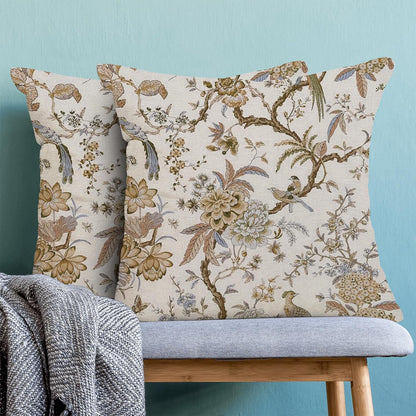 CXMEIFLY Spring Floral Birds Pillow Covers 16 x 16 Inch Set of 2 for Chinoiserie Flowers Decor Throw Pillows Brown and White Plant Outdoor Decorative Cushion Cases for Couch Bed Decorations
