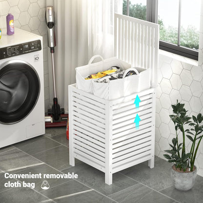 Homykic Bamboo Laundry Hamper with Lid, 120L Large Clothes Laundry Sorter with Removable 2-Section Liner Bag, Raised Laundry Basket Organizer for Clothing, Bathroom, Bedroom, Laundry Room, White