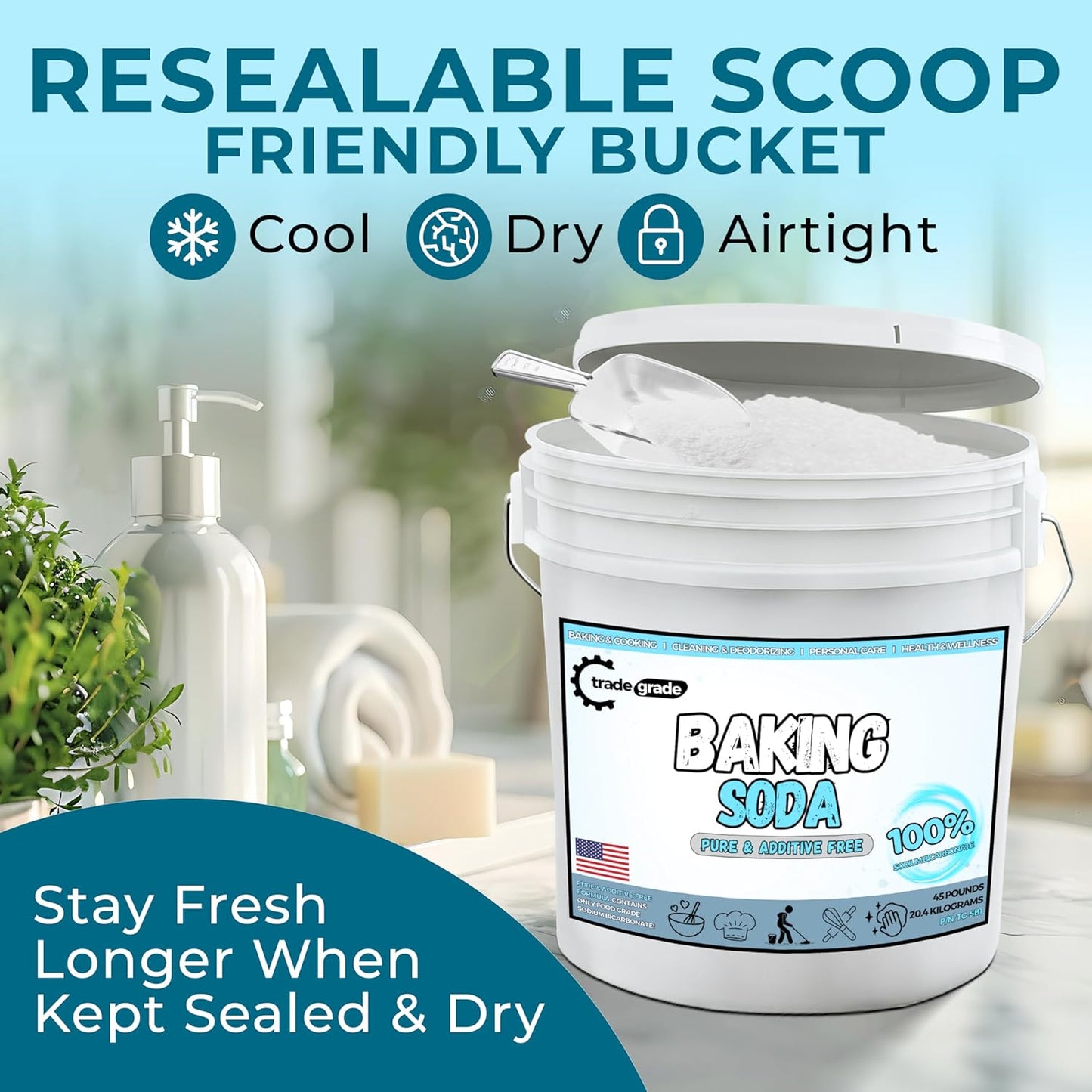 TradeGrade Pure Baking Soda Powder – 45 lb Bucket, Sodium Bicarbonate Powder | Premium Food-Grade for Baking, Bread, Cookies & More | Baking Soda for Cleaning, Natural Cleaner & Deodorizer