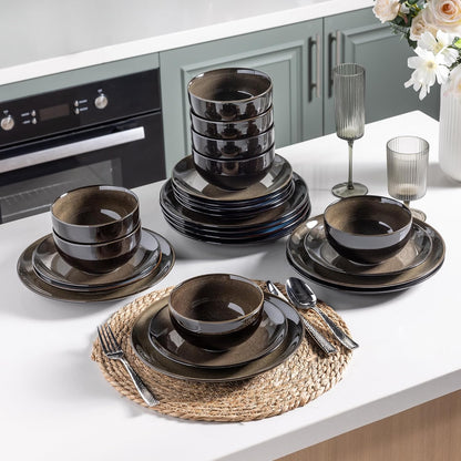 LERATIO Ceramic Dinnerware Sets for 8,Stoneware Plates and Bowls Sets,Handmade Reactive Glaze Dishes Set,Chip Resistant and Scratch Resistant | Oven&Dishwasher & Microwave Safe-Chestnut(24PCS)