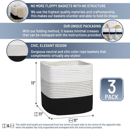 NaturalCozy Storage Cubes 11 Inch Cotton Rope Woven Baskets for Organizing, 3-Pack | Cube Storage Bin | Square Storage Baskets for Shelves Organizer, Classroom, Kids Toy Bins, Closet, Baby Nursery