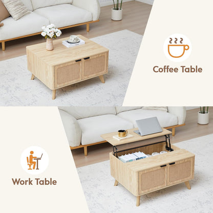AVZEAR Wood Lift Top Coffee Table with Storage, Boho Modern Coffee Table with Nature Linen Doors & Large Hidden Storage, Rounded Corners Center Table Farmhouse Coffee Tables for Living Room, Natural