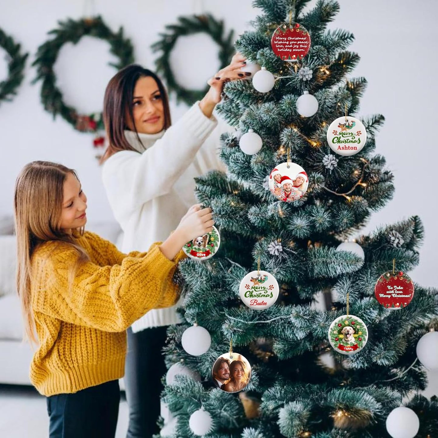 Personalized Christmas Ornaments 2025 - Custom Double-Sided Photo Ceramic Xmas Tree Hanging Decor, Unique for Family Friends (A03-Ceramic Style)