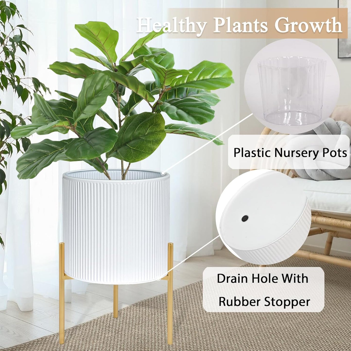ARNIS Modern Plant Pots, Set of 2 Round Large Planters with Stand, Large Size Metal Pots with Drainage Holes for Living Room, Office, Garden or Balcony, 10.5 &12.25 Inch, White & Gold