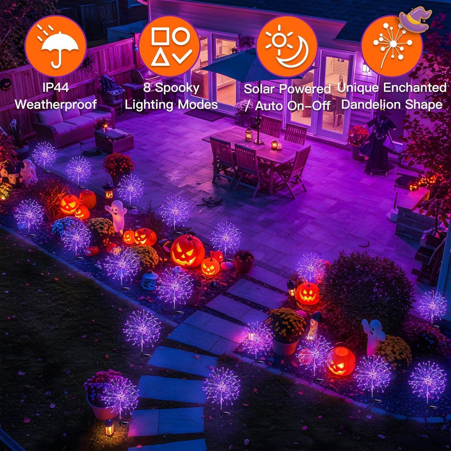 suddus 2 Pack Purple Halloween Lights Outdoor, 150LED Purple Solar Garden Lights with 8 Modes, Waterproof Solar Firework Light for Halloween Yard Garden Decorations