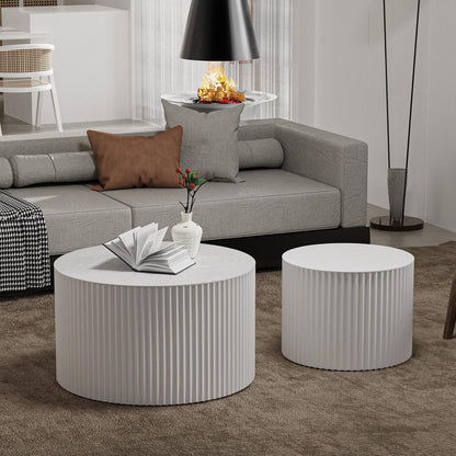 Round Nesting Coffee Table, Drum Wood Coffee Table Set of 2 White, Modern Fluted Nesting Tables Circle Center Table 2 Piece for Small Spaces Living Room Bedroom Balcony Office, No Assembling