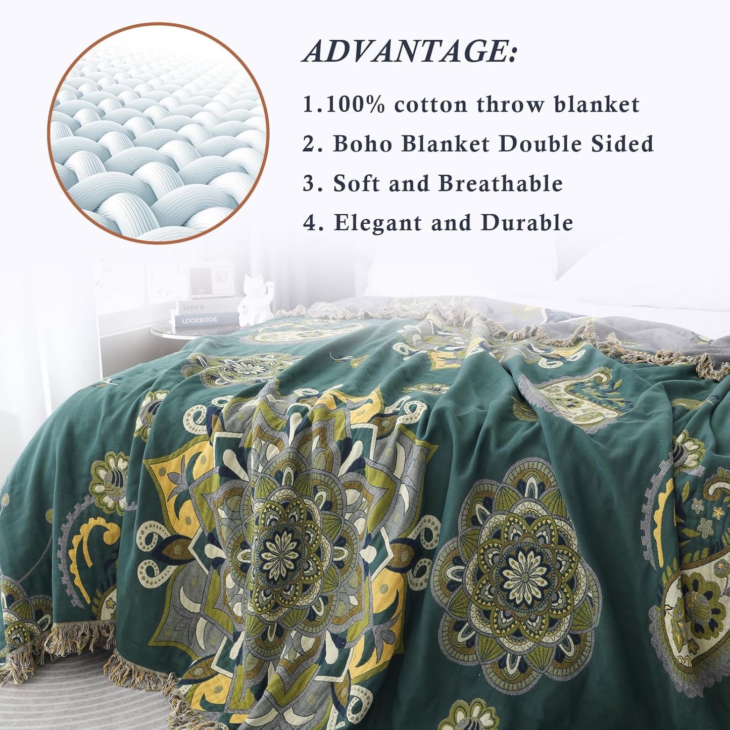 Snycler Boho Throw Blanket for Bed - 100% Cotton Ultra Soft Rustic Quilt - Green Boho Floral Printed Farmhouse Decor Bed Blankets, 60"×80" All Season Rustic Throw for Sofa Couch Chair