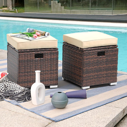 Patiorama 2 Piece Outdoor Patio Ottomans, All-Weather Brown PE Rattan Wicker Ottoman with Storage, Outdoor Footrest Footstool Seat w/Thick Cushion, Built-in Handle for Backyard Poolside Porch (Beige)