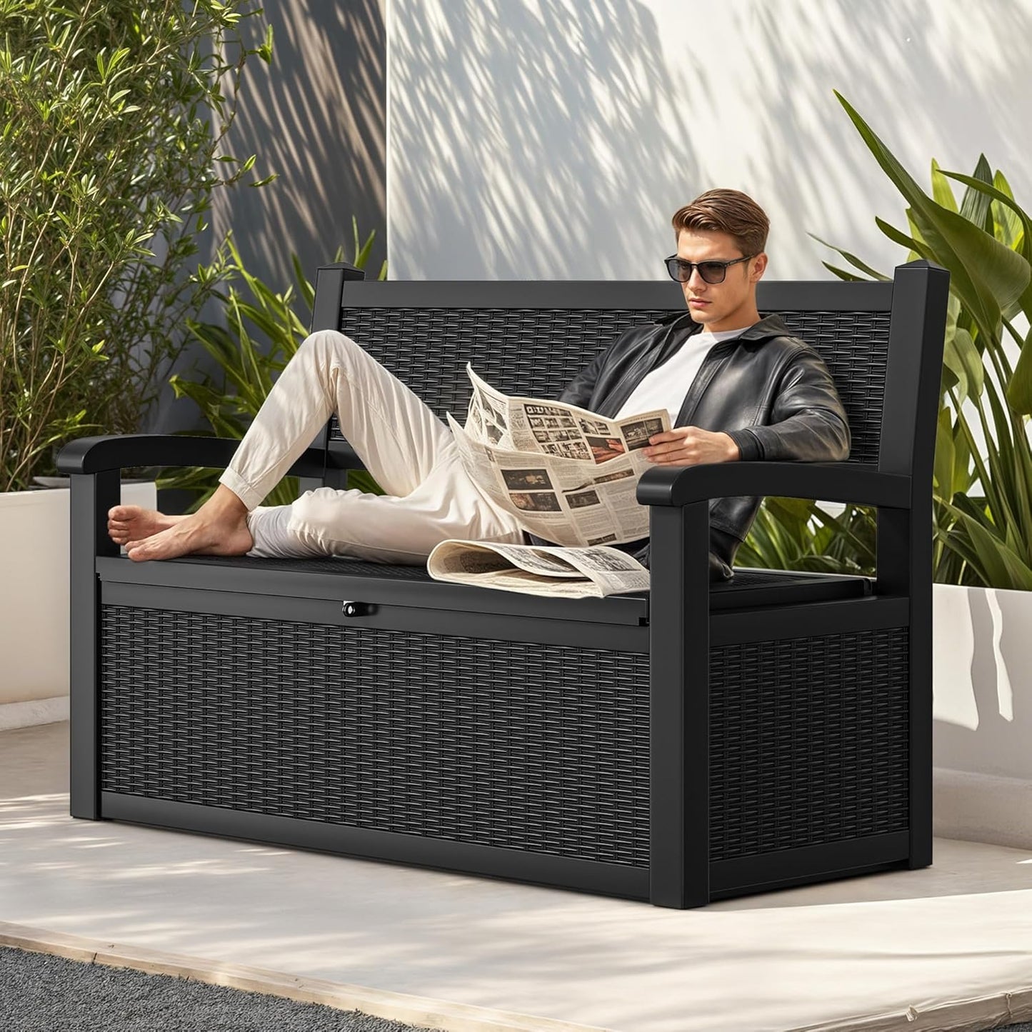 YITAHOME 70 Gallon Storage Bench Deck Box, Lockable Patio Bench, Waterproof Outdoor Pool Deck Storage for Patio Cushions, Garden Tools and Pool Supplies, Black