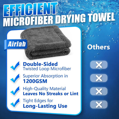 Airlab Car Drying Towel Microfiber Towels for Cars 1200 GSM Wash Auto Detailing Supplies Twist Pile Cleaning Cloth Absorbent Quick Dry Soft Loop Dry Flash Towel, 24 x 16 Inch, Pack of 1, Grey