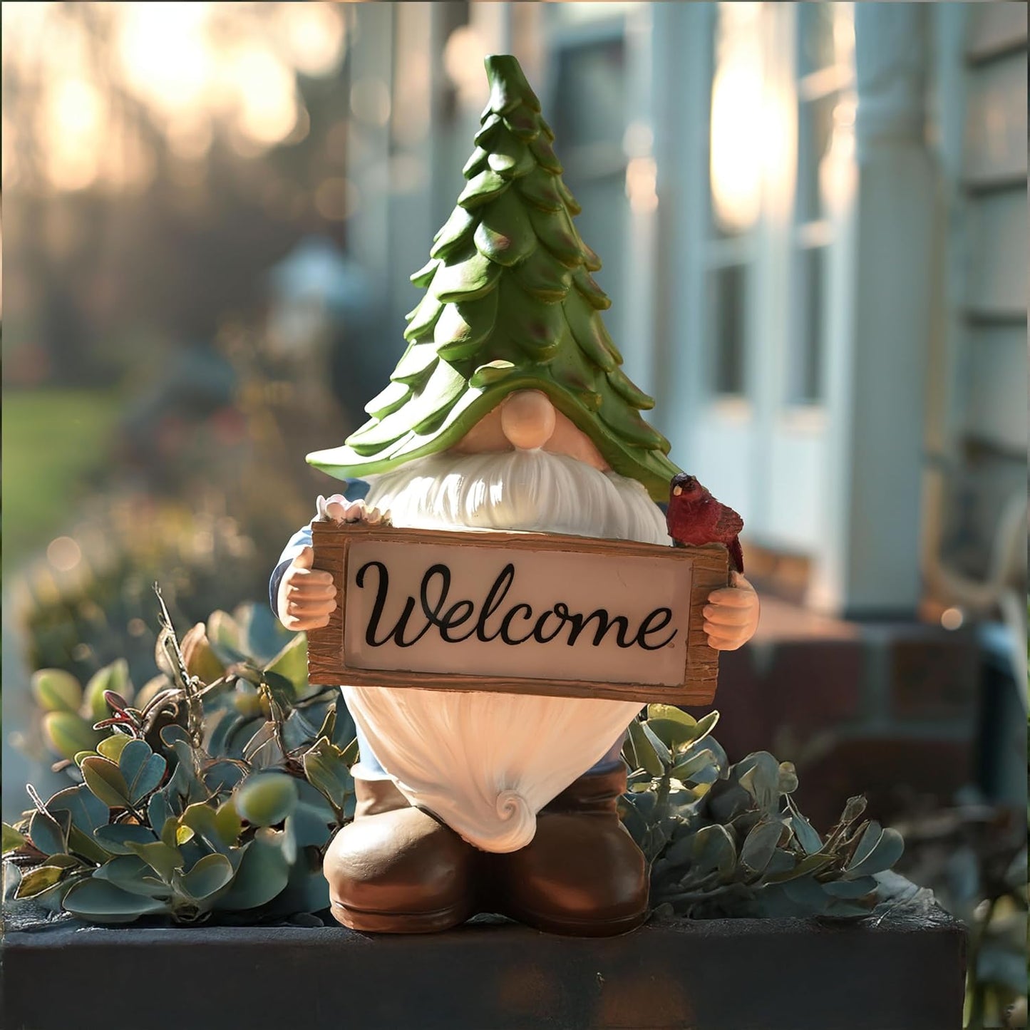 Large Garden Gnome Statue with Solar Lights, 13.5” Welcome Sign Gnome Outdoor Decor for Yard Lawn Patio, Funny Resin Gnome Sculptures, Gifts for Women Mom Grandma,Garden Decor Ornament