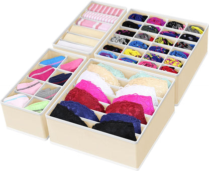 Simple Houseware 4-Pack Drawer Organizer Set - Closet Dividers for Underwear, Socks, Bras, Scarves, Ties - Foldable Non-Woven Storage Boxes, Beige
