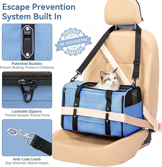 PETSFIT Cat Car Carrier for Small/Medium Cats Dogs, 18"x11"x11" Airline Approved Cat Carrier, with Patent Safety Buckles and Escape-Proof Zipper - Safeguarding Car Travel, Airplane, Vet, Outdoor