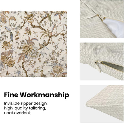 CXMEIFLY Spring Floral Birds Pillow Covers 20 x 20 Inch Set of 2 for Chinoiserie Flowers Decor Throw Pillows Brown and White Plant Outdoor Decorative Cushion Cases for Couch Bed Decorations