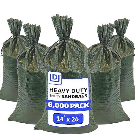 DURASACK Heavy Duty Sand Bags with Tie Strings Empty Woven Polypropylene Sand-Bags for Flood Control with 1600 Hours of UV Protection, 50 lbs Capacity, 14x26 inches, Green, 6000 Count