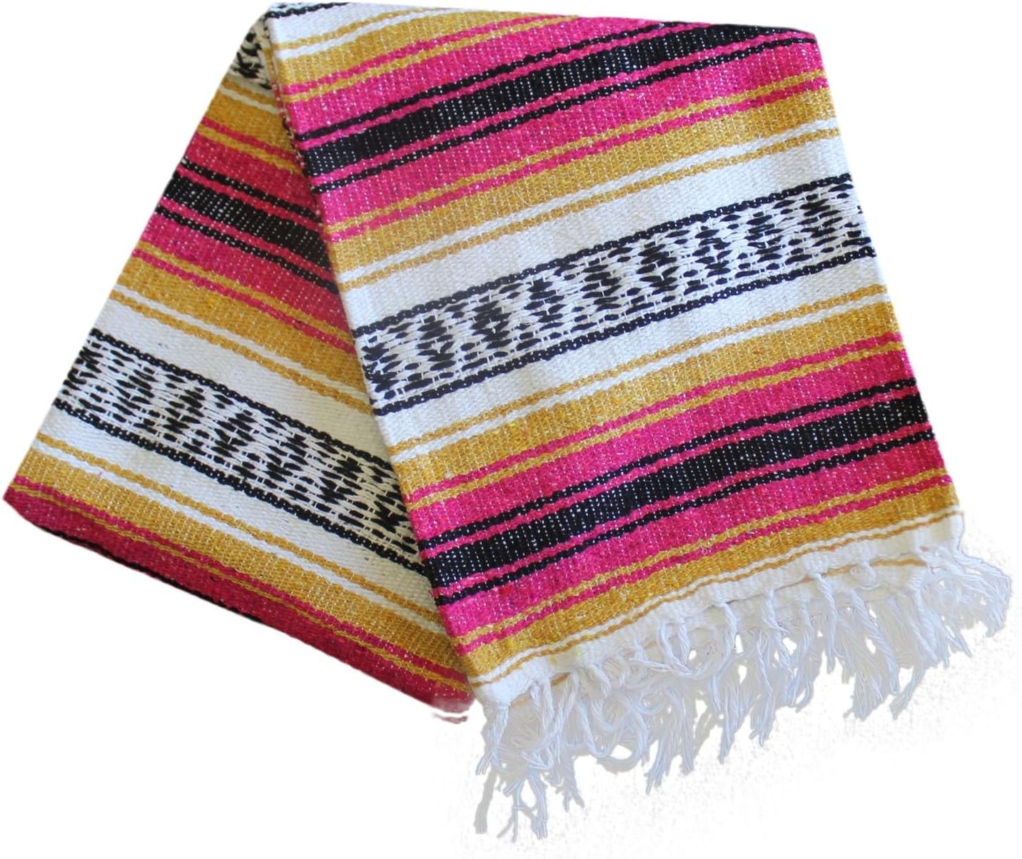 Del Mex Classic Mexican Blanket, Large Authentic Woven Falsa Throw (70"x50"), Artisan Southwest Décor for Beach, Yoga, Outdoors (Gold/Fuchsia)
