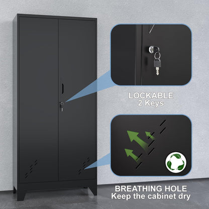 Metal Storage Cabinet with Locking Doors, 61" Tall Garage with Hanging Rod, Broom Closet, Freestanding Bathroom Storage Cabinet, Cleaning Tool,Black