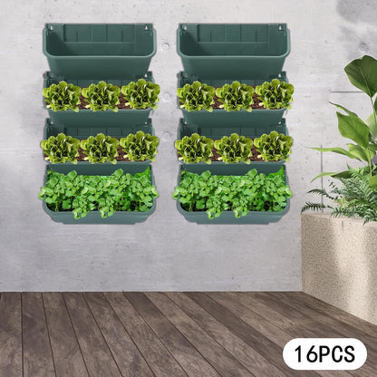 16Pcs Vertical Wall Planter, 13 inch Wall Mounted Garden Planters, Plastic Wall Hanging Planter with Drainage Holes, Wall Planters for Patio Outdoor Decor, Balcony Plant Hanging Flowerpot (Green)