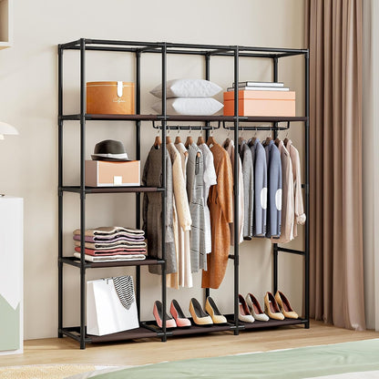 SORCEDAS Portable Wardrobe Closet Storage Organizer Metal Hanging Rack Non-Woven Fabric (Coffee, 51 Inch)