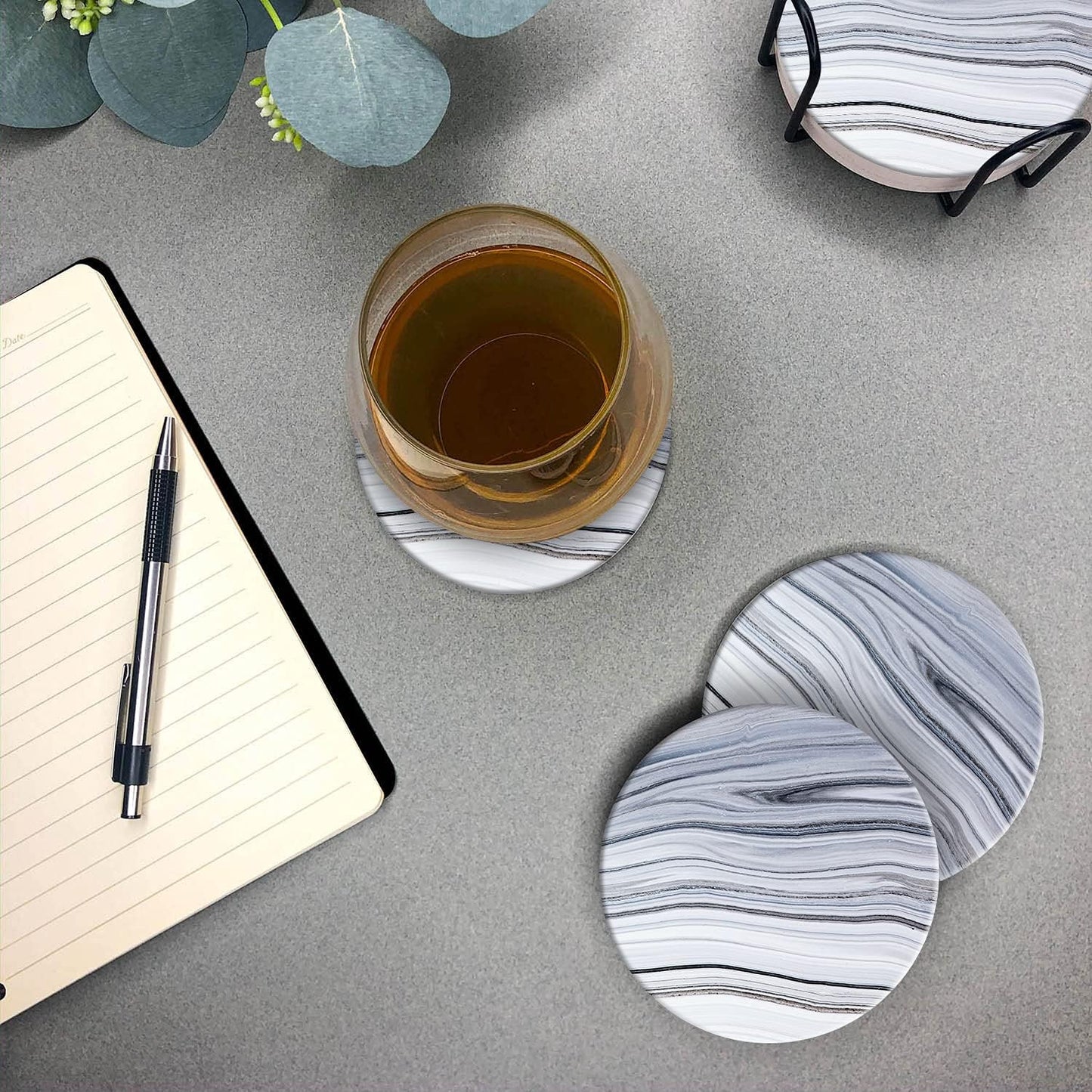 Emerson Coasters for Drinks Absorbent – Natural Stone Drink Coasters Set with Holder, Coasters for Coffee Table, Wooden Tabletop Protection Marble Style – 100% Heavy Duty Set of 6 (Sea)