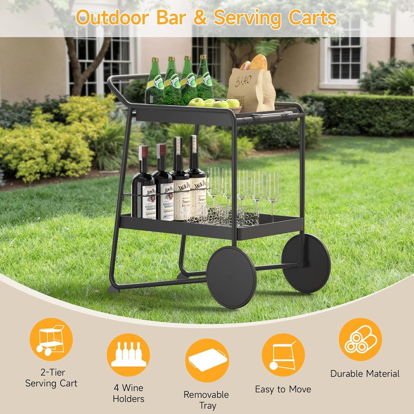 Outdoor Grill Cart Table with Extra-Large Wheel, 24" x 16" Removable Tray & Ergonomic Handle, Indoor and Outdoor Pizza Oven Table for Garden Patio BBQ Kitchen Food Prep Cart for Party