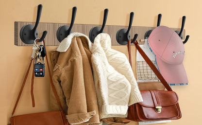 Black Wall Hooks, 6 Pack Coat Towel Hook Heavy Duty Metal Double Bath Robe Hook Wall Mounted, Hat Hooks for Cubicle Bathroom Kitchen Closet Garage