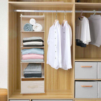 Large Hanging Sweater Organizer for Closet,Collapsible 6-Shelf Hanging Closet Shelves with Drawers, Washable (Beige -5 Shelf-1 d)
