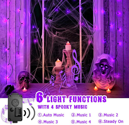PEIDUO Halloween Decorations Outdoor, 82 FT 200 LED Purple String Lights, Motion Sensor Controller Sync with Spooky Music, Twinkle Fairy Lights for Outside Indoor Party Bedroom Halloween Decor