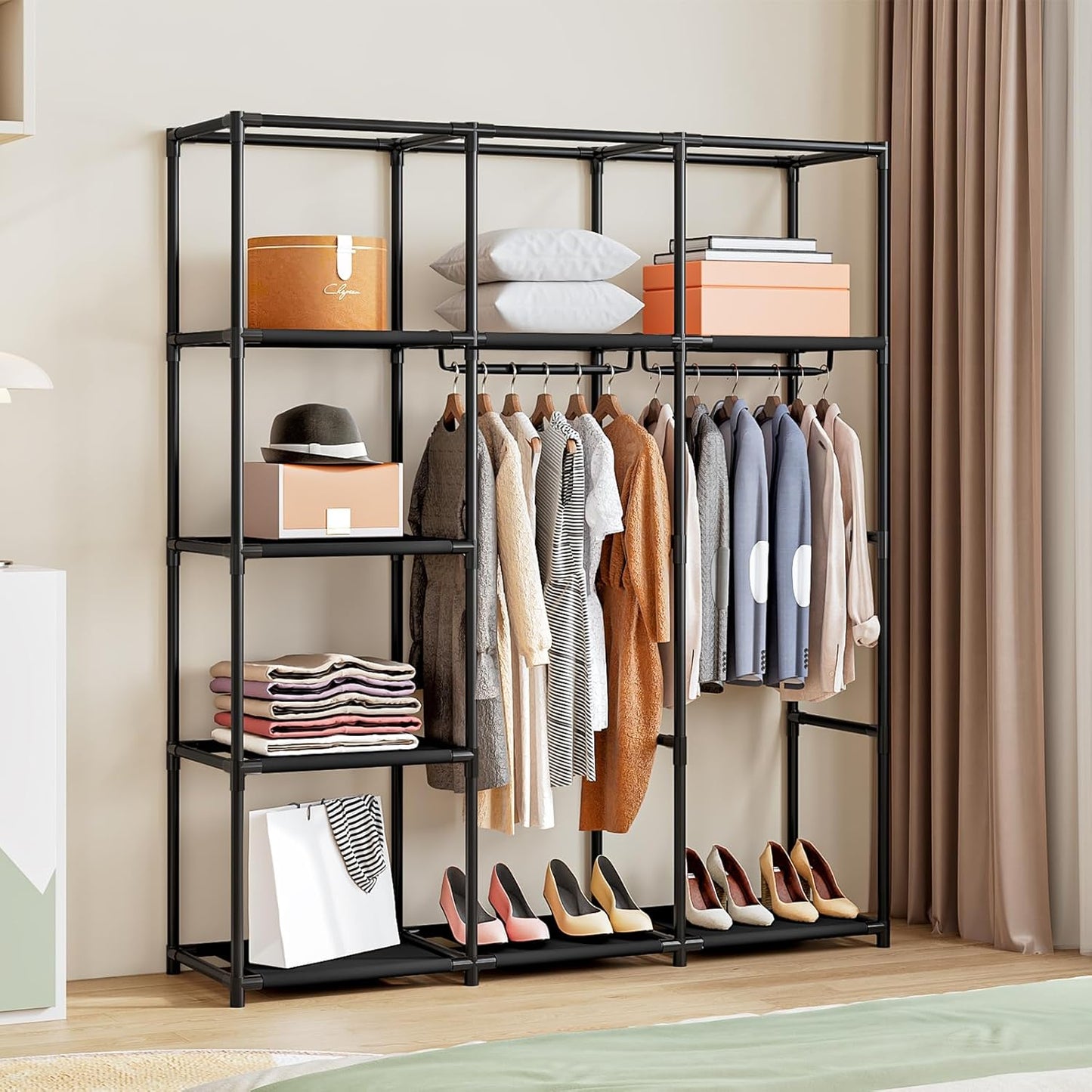 SORCEDAS Portable Wardrobe Closet Storage Organizer Metal Hanging Rack Non-Woven Fabric (Black, 51 Inch)