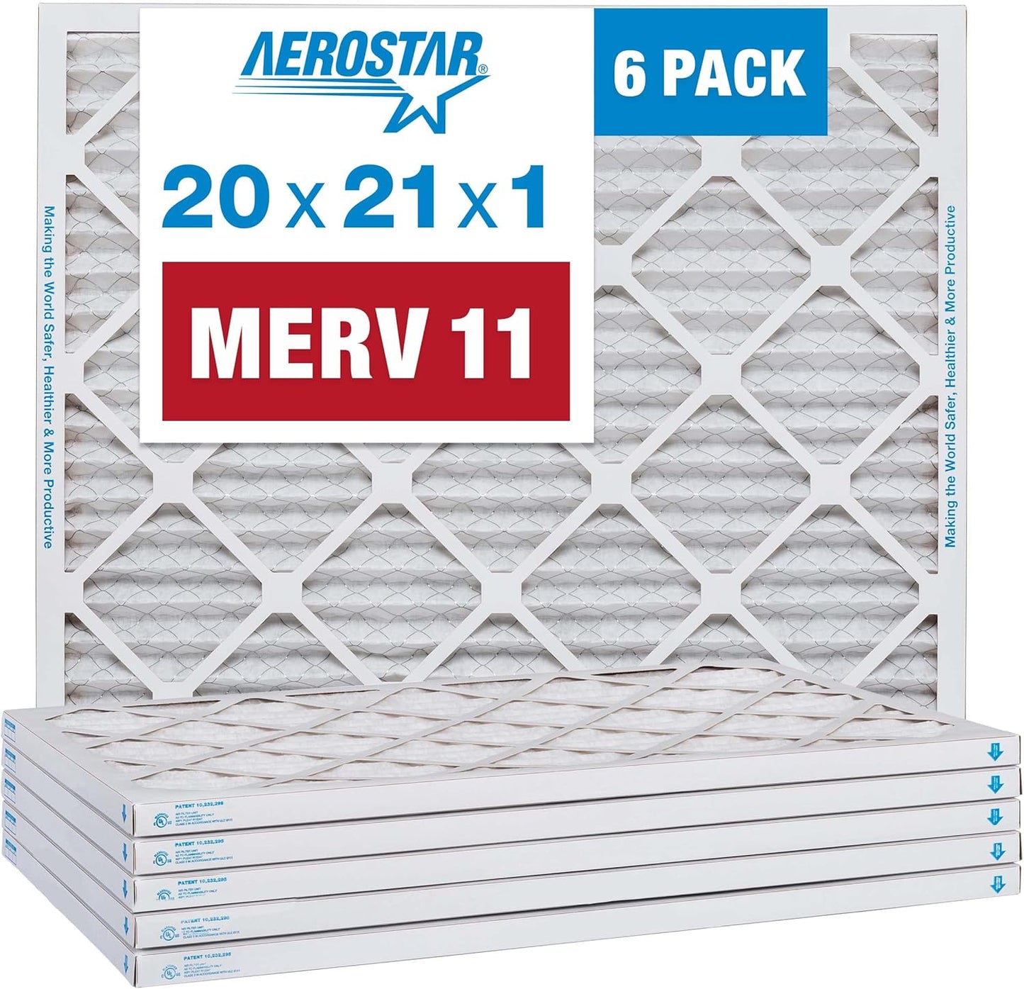 Aerostar 20x21x1 MERV 11 Pleated Air Filter, AC Furnace Air Filter, 6 Pack (Actual Size: 19 7/8" x 20 7/8" x 3/4")