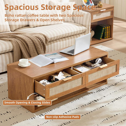 LEYAOYAO 48" Farmhouse Boho Rattan Coffee Table with 2 Woven Drawers,Rectangular Coffee Tables with Hidden Storage Compartment,Curved Profile Design,Wooden Center Table for Living Room,Office,Brown