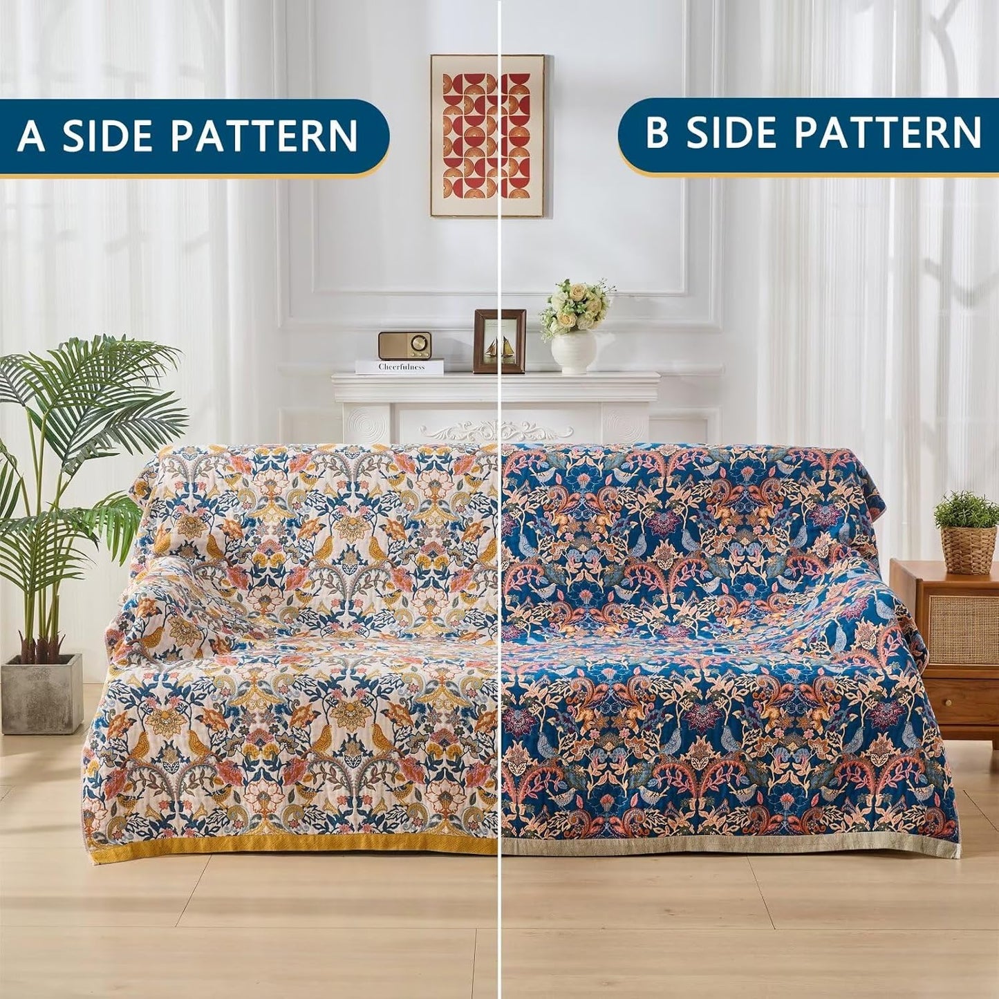 Boho Throw Blanket for Couch,100% Cotton Summer Blanket for Bed, Ultra Soft Rustic Quilt for Bed, Home Decor, Boho Picnic Blankets with Bird and Flowers for All Seasons,Twin 60"x80"