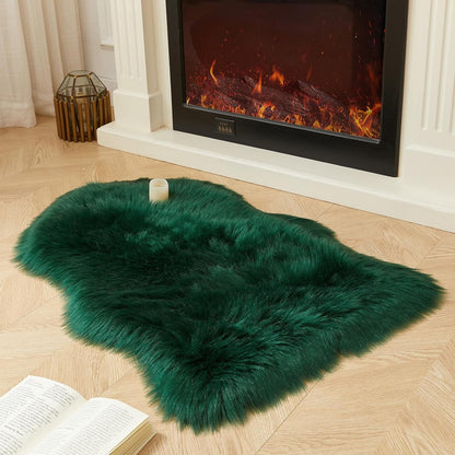AMTOVO Faux Fur Rug, Dark Green Small Area Rug, Fluffy Sheepskin Rug, Fuzzy Ultra Soft 2 x 3 ft Shag Rugs for Bedroom Sofa Throw Cushion Room Decor, Sheepskin