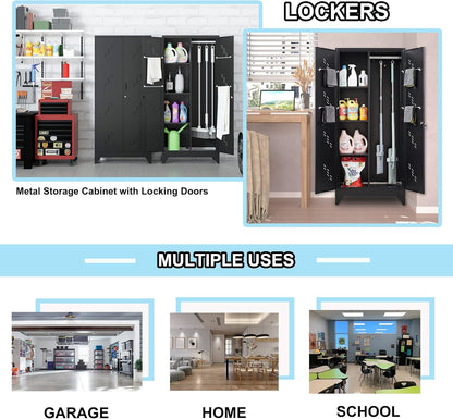 71" Broom Closet Cabinet with Hanging Rod, Tall Black Metal Storage Cabinet for Bathroom, Utility Room, and Garage