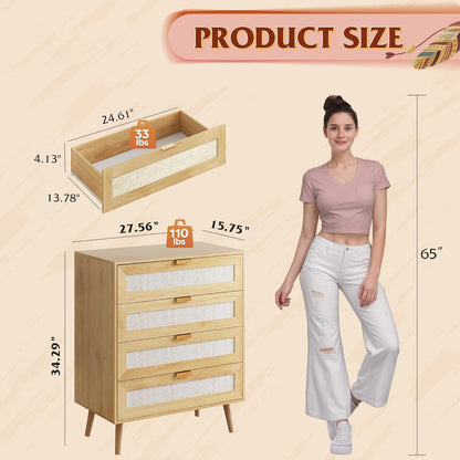 WLIVE Rattan Dresser for Bedroom, 4 Drawer Wood Boho Dresser Storage with Gold Metal Handle, Chest of Drawers for Living Room, Closet, Hallway, Light Oak
