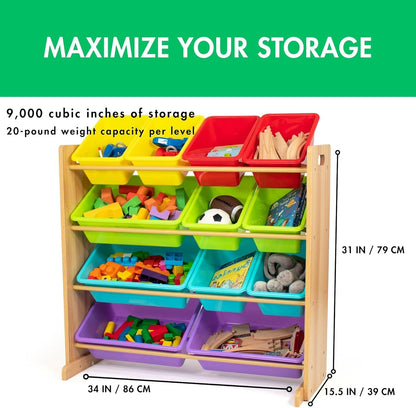Humble Crew Kids Toy Storage Organizer with 12 Plastic Bins, Natural Wood/Rainbow – Removable Bins for Playroom, Bedroom, Toddler Furniture for Boys and Girls Ages