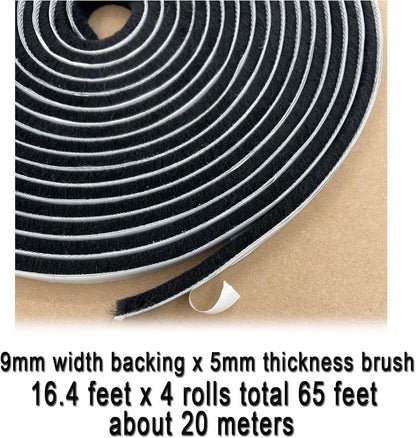 Window Weather Stripping Brush for Sliding Door Frame, Pile Self Adhesive Weather Strip Seal Strip Sealer Soundproofing (65ft x11/32 Backing x 3/16 Brush inch, Black)