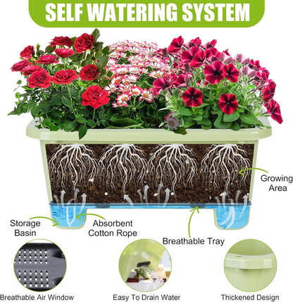 Self-Watering Rectangle Planter Boxes 8-Pack, 15.7-Inch Window Box Planter with Drainage Holes & Trays, Pots for Vegetables, Herbs, Flowers, Garden Windowsill Balcony (Light Green, 15.7*8.3*7.1 inch)