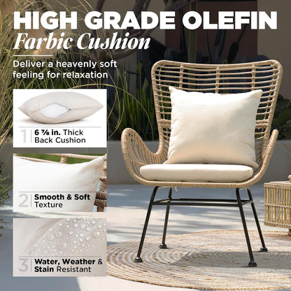 IDZO Isabelle Upgraded 2000 Hours UV Wicker Chairs Outdoor Set of 2, 500 lbs Capacity Outdoor Patio Chair, All-Weather Club Chair with Water-Resistant Olefin Cushions, Boho Style, Beige