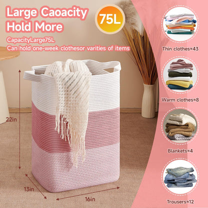 CLHMILY&Z 75L Laundry Hamper Rectangular Pink Rope Basket - 16x13x22 Inches - Dirty Clothes Storage Soft Organizer Bin for Blankets, Toys, and Nursery Essentials