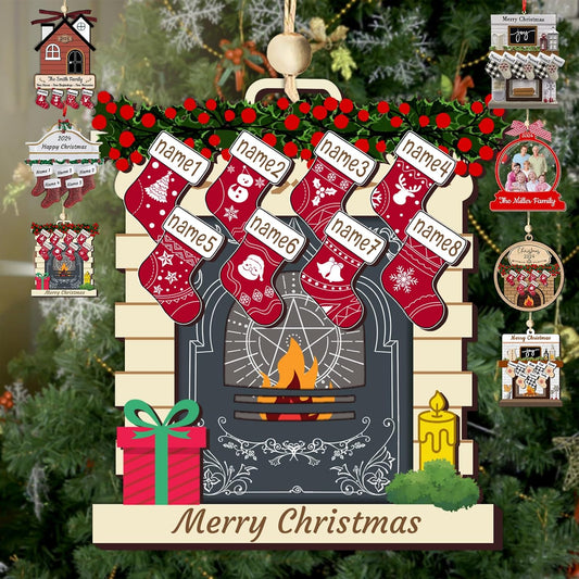 Personalized Christmas Ornaments with Names of 2/3/4/5/6/7/8 Custom Family Ornament Customized Xmas Tree Hanging Wood Decoration Gift Red Fireplace