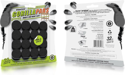GorillaPads 1 Inch Non-Slip Furniture Pads/Gripper Feet Skids (Set of 32) Self Adhesive Rubber Floor Protectors, Round, Black, CB147-32