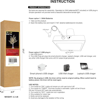 LIGHTSHARE 24IN Lighted Willow Tree Bonsai 70 Mini LED Lights Artificial White Birch Tree for Home, Festival, Wedding, Nativity, Party, and Christmas Decoration, Plug in or Battery (White)