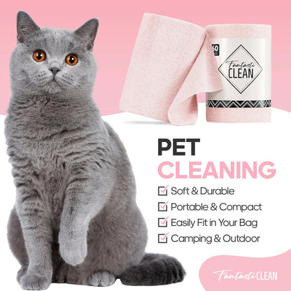 Fantasticlean Microfiber Cleaning Cloth Roll 2 Rolls 120 Pack, Tear Away Paperless Towels, 8" x 8", Reusable Washable Rags, Home Kitchen, Pet, Office, Indoor Outdoor, Portable (Pink and Off-White)