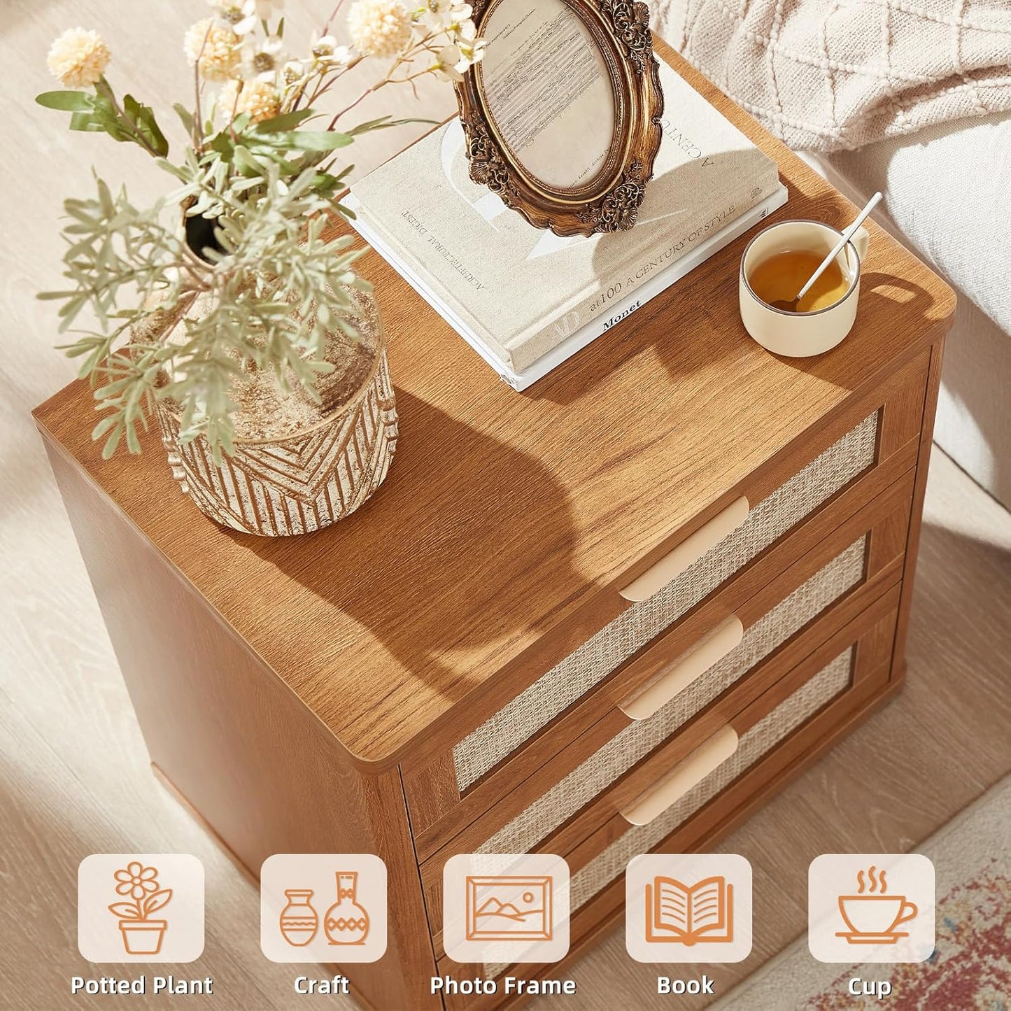 LEYAOYAO Boho Rattan Coffee Table and End Table Sets, 48" Wide Center Tables & 23" Night Stand with 3 Drawers, Brown Wood Coffee Table for Living Room 3 Piece Set