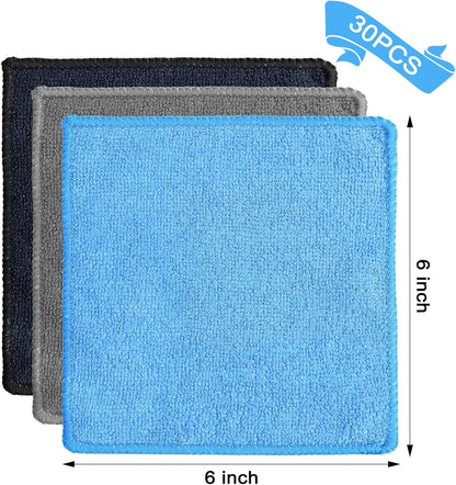 Tanlade 30 Pcs Microfiber Cleaning Cloth 6"x6" Cleaning Rags Reasonable Kitchen Towels Microfiber Towels Cars Wash Dry Erase Cloth (Blue/Gray/Black)